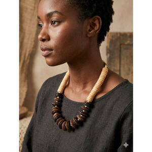 Vintage Chunky Boho Wooden Disc & Spotted Nut Bead Statement Necklace